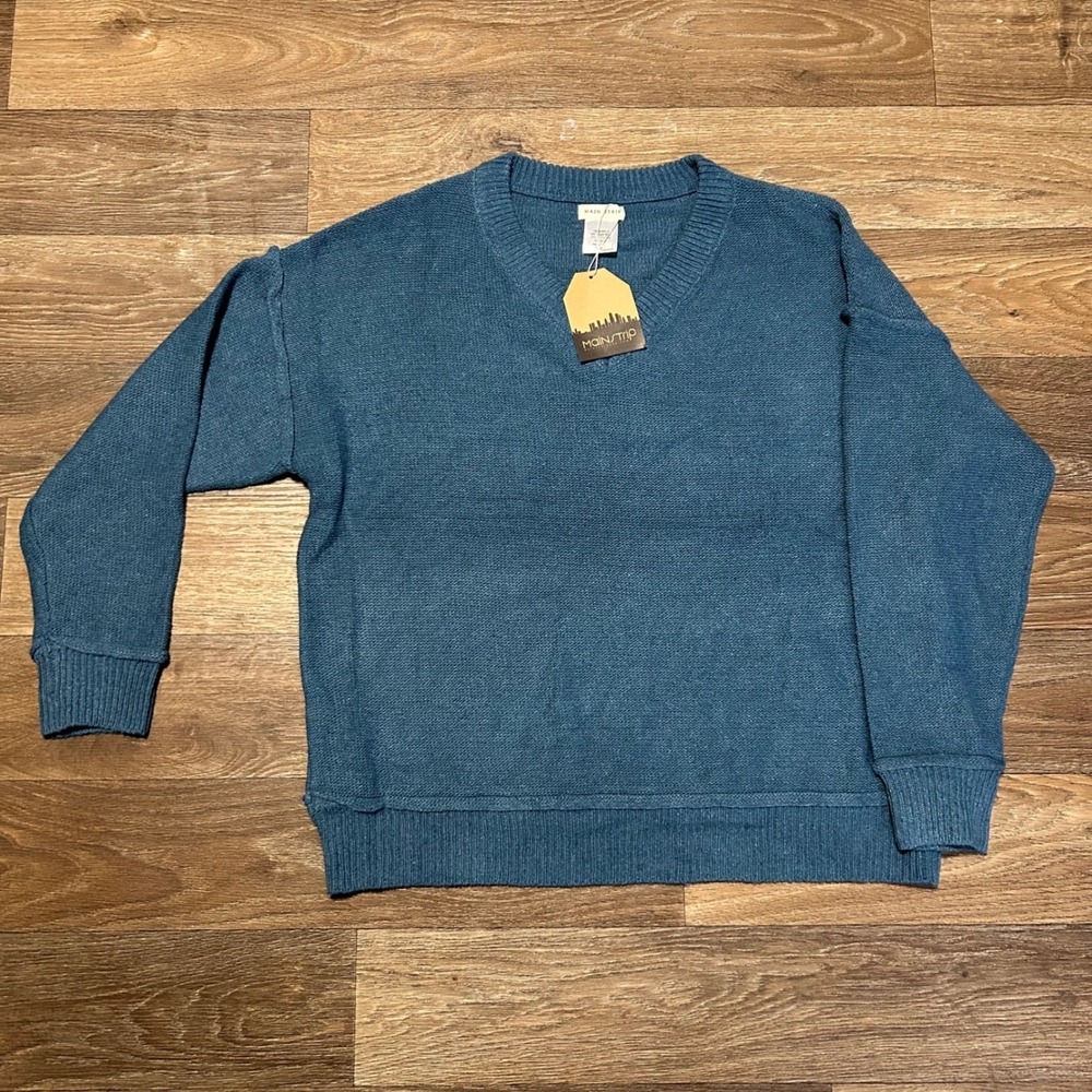 Main Strip V-Neck Sweater Mens S Teal Blue Relaxed Fit Textured Knit LT31974 NEW